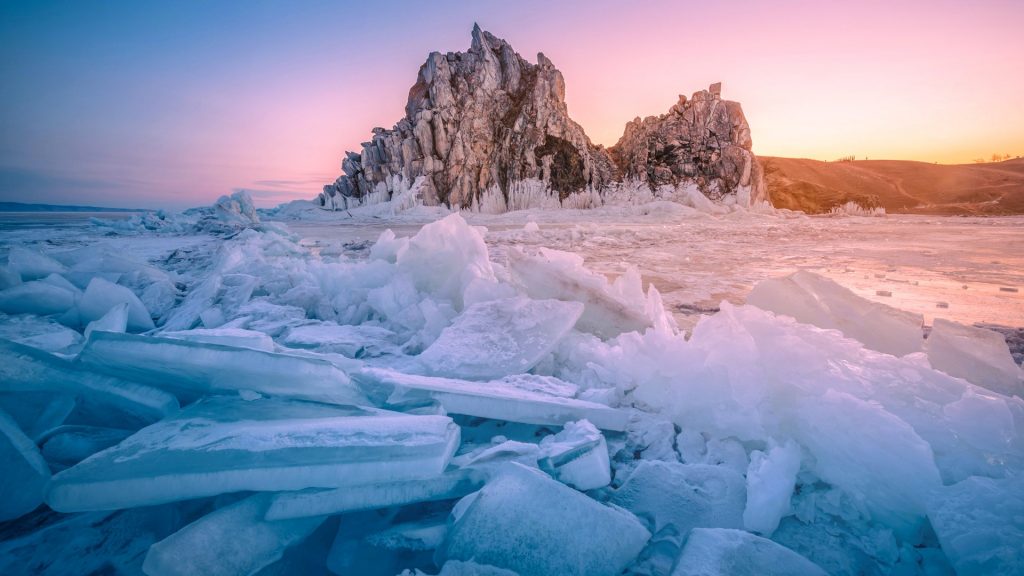 Landscape of Shamanka rock at sunrise, Lake Baikal, Siberia, Russia