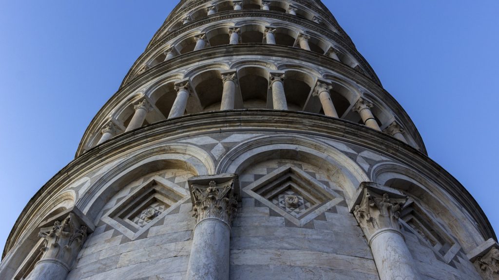 Leaning Tower of Pisa in a beautiful perspective showing all its details, Italy