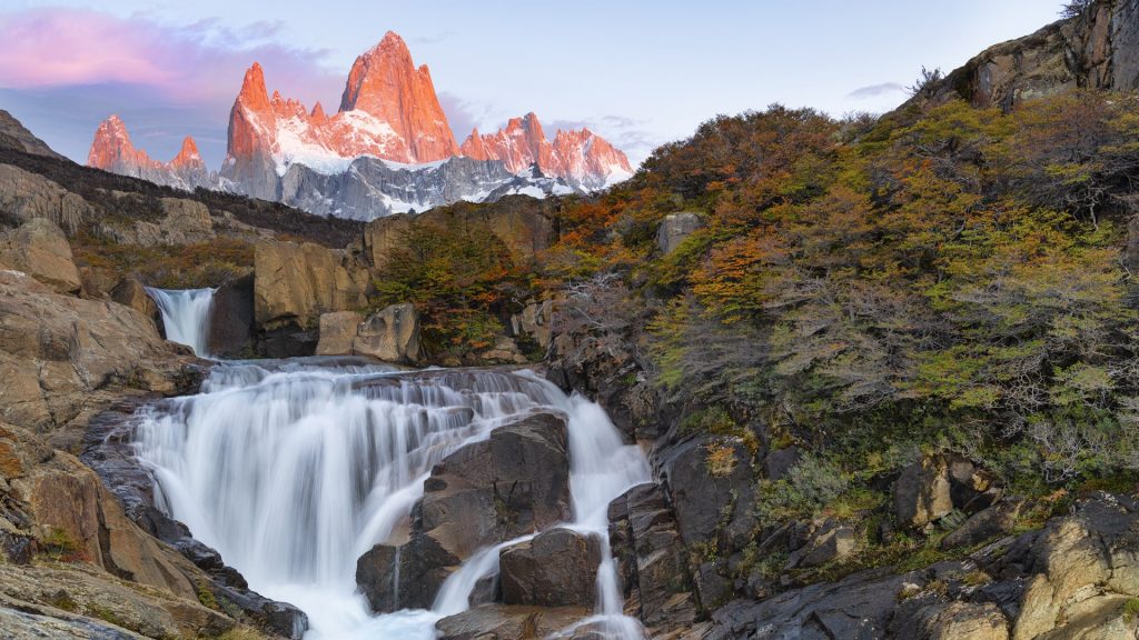 Sunrise at Secret waterfall on Arroyo del Salto river, Glaciares, Patagonia, Argentina