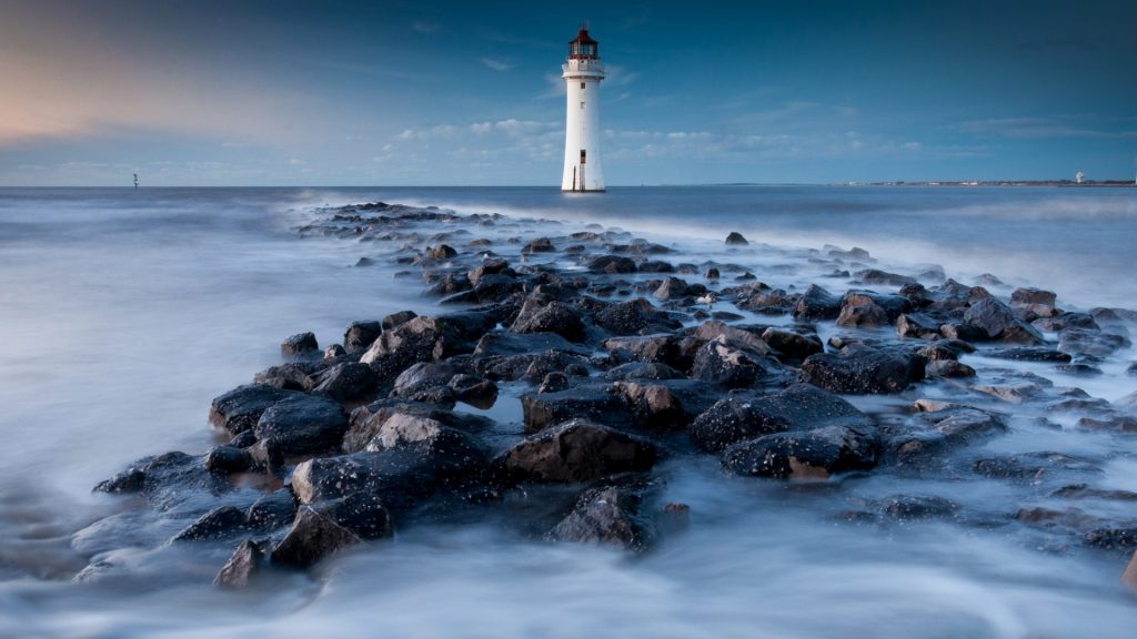New Brighton Lighthouse (Perch Rock) at Liverpool Bay, Merseyside, England, UK
