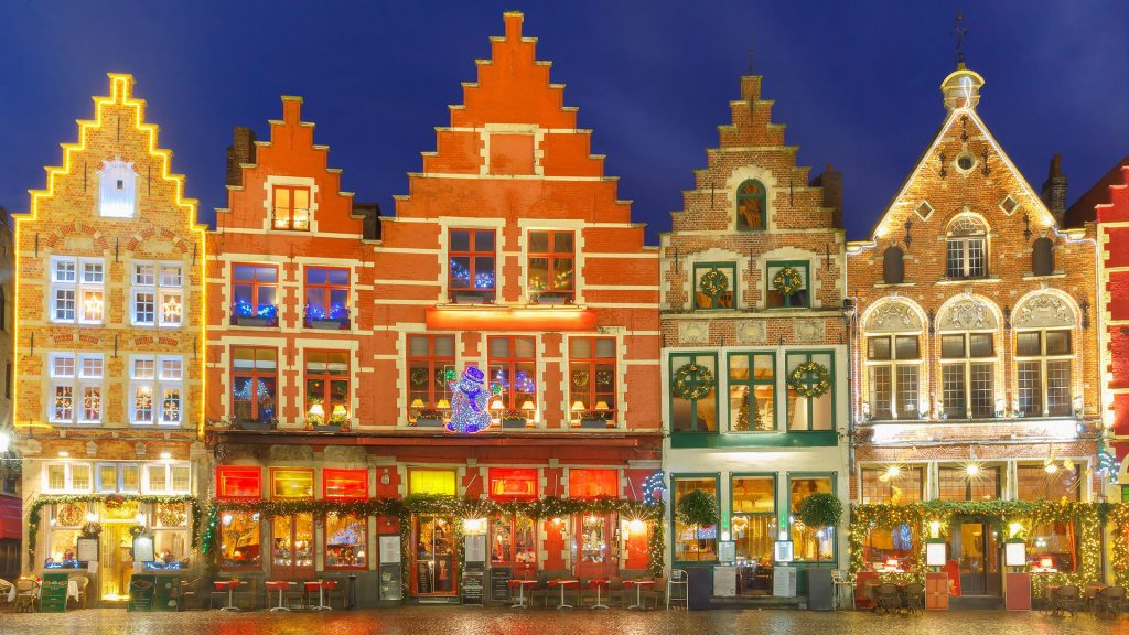 Christmas decorated and illuminated Old Markt square in the center of Bruges, Belgium