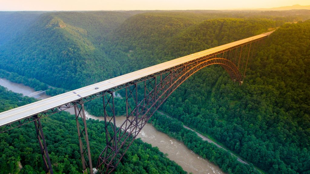 Sunset aerial view of the New River Gorge Bridge, West Virginia, USA