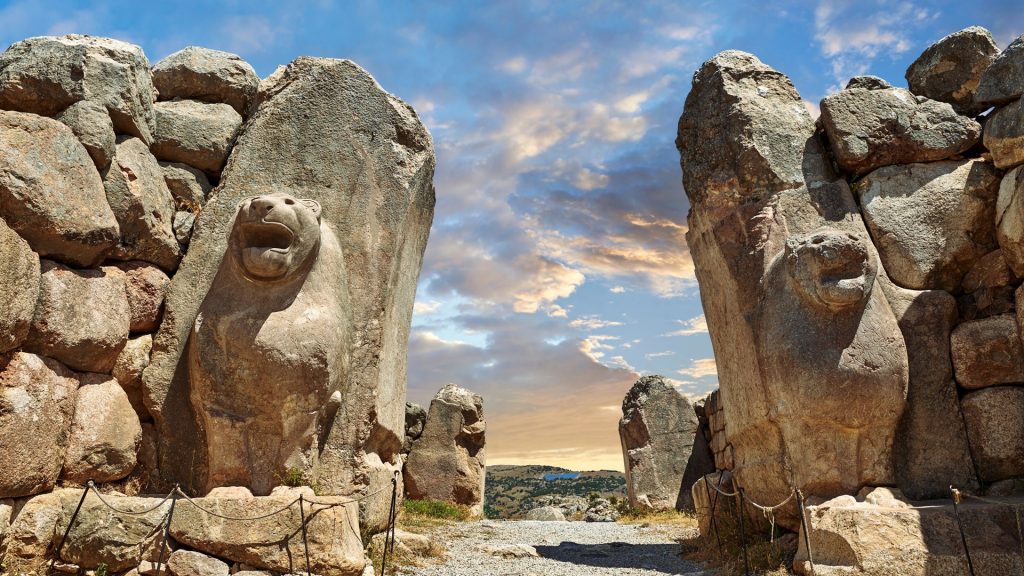 Hittite lion sculpture of the Lion Gate, Hattusa, Turkey