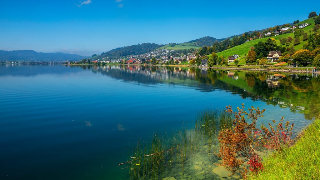 View across Lake Ägerisee towards Oberageri, Canton of Zug, Switzerland