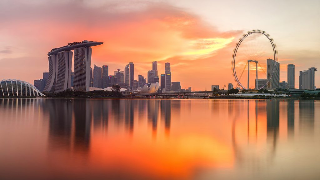 Singapore skyline at sunset time, Marina Bay in Singapore city