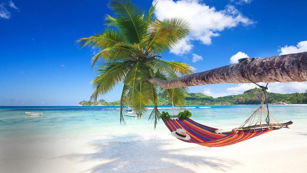 Perfect tropical paradise beach of Seychelles island with palm trees and hammock