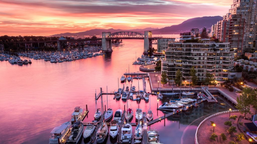The Vancouver harbor view from the Granville Street Bridge at sunset, British Columbia, Canada
