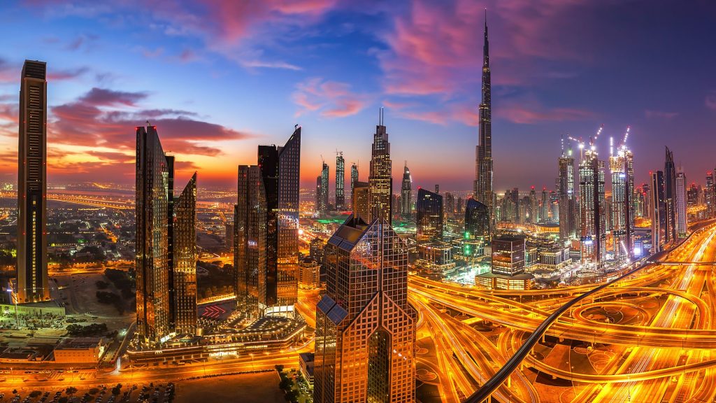 Dubai urban skyline at sunset, United Arab Emirates