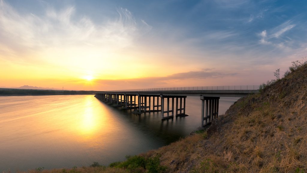 Bridge over Yanghe river against sky at sunrise, Xuanhua, Zhangjiakou, Hebei, China