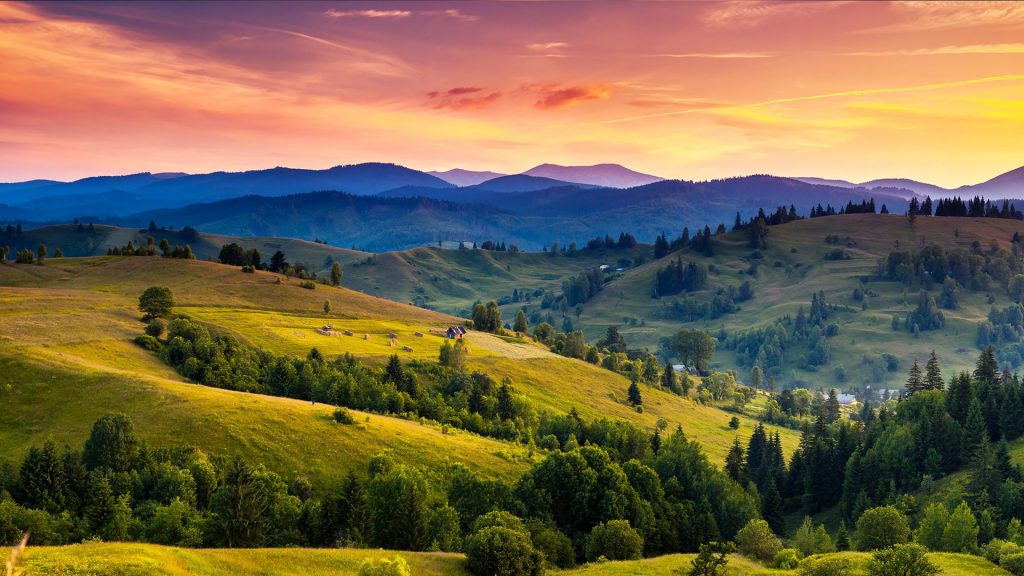 Beautiful green hills at dusk, Carpathian Mountains, Ukraine