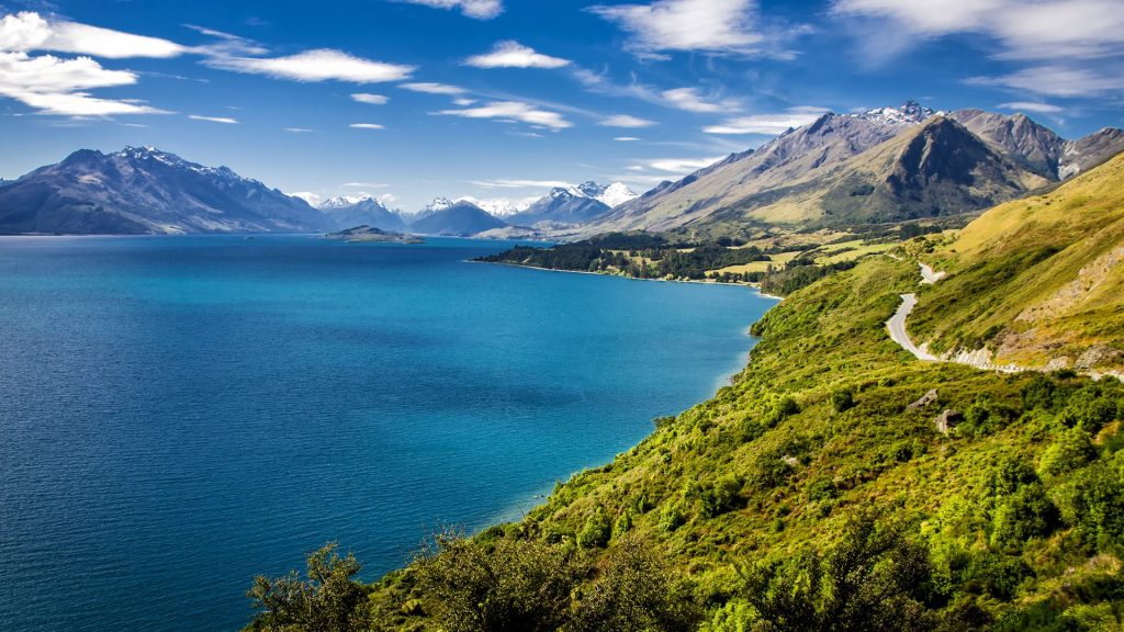 Summer view of Lake Wakatipu and the road from Queenstown to Glenorchy, New Zealand