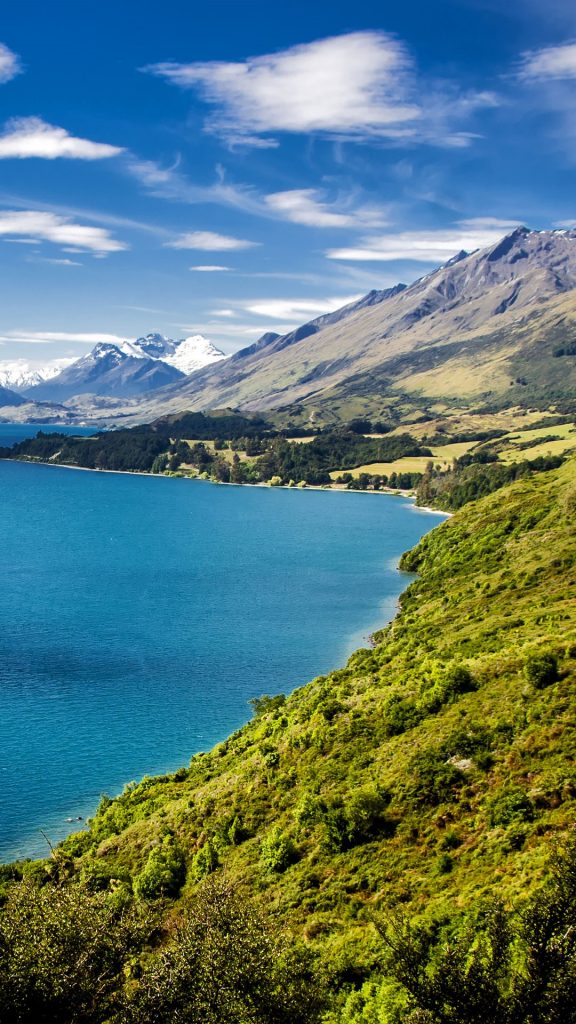 Summer view of Lake Wakatipu and the road from Queenstown to Glenorchy ...