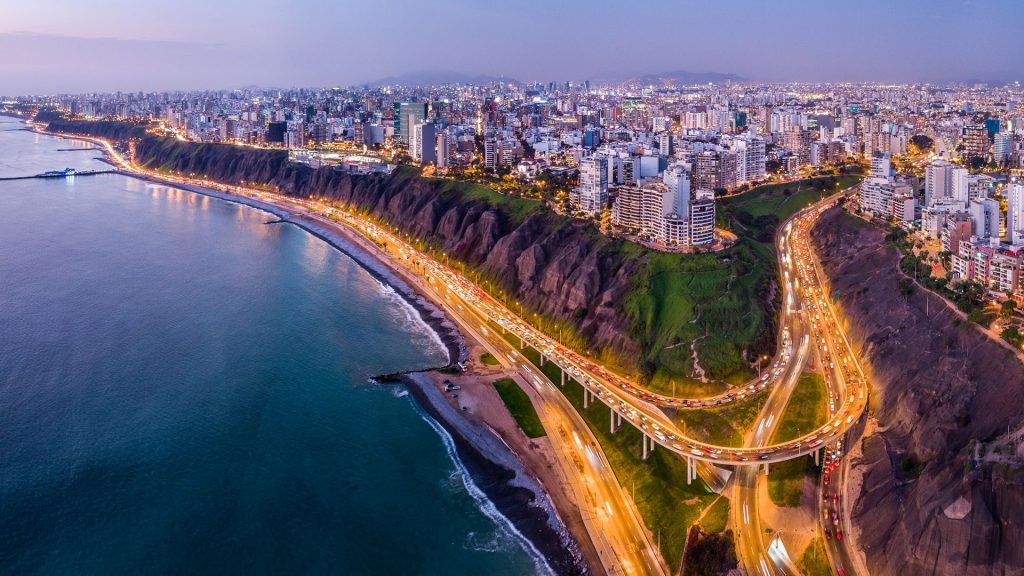 Aerial view of Lima city from Miraflores at blue time, Peru