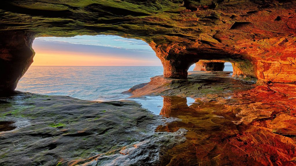 Lake Superior near Munising sea cave sunset, Pictured Rocks National Lakeshore, Michigan, USA