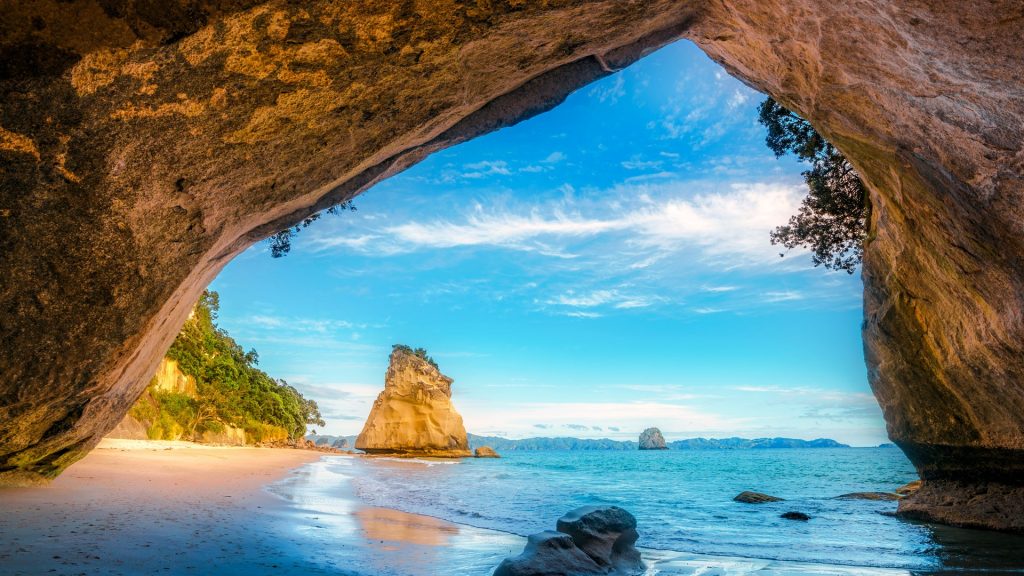 View from the cave at Cathedral Cove beach, Coromandel, New Zealand