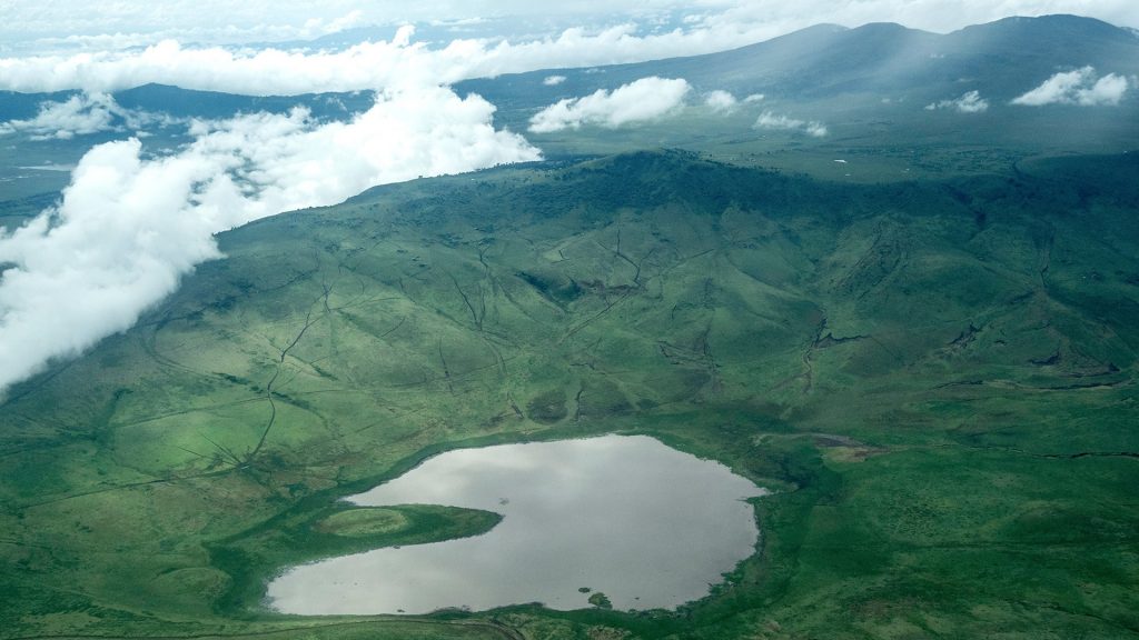 Aerial view of Ngorongoro Crater in the Ngorongoro Conservation Area, Tanzania