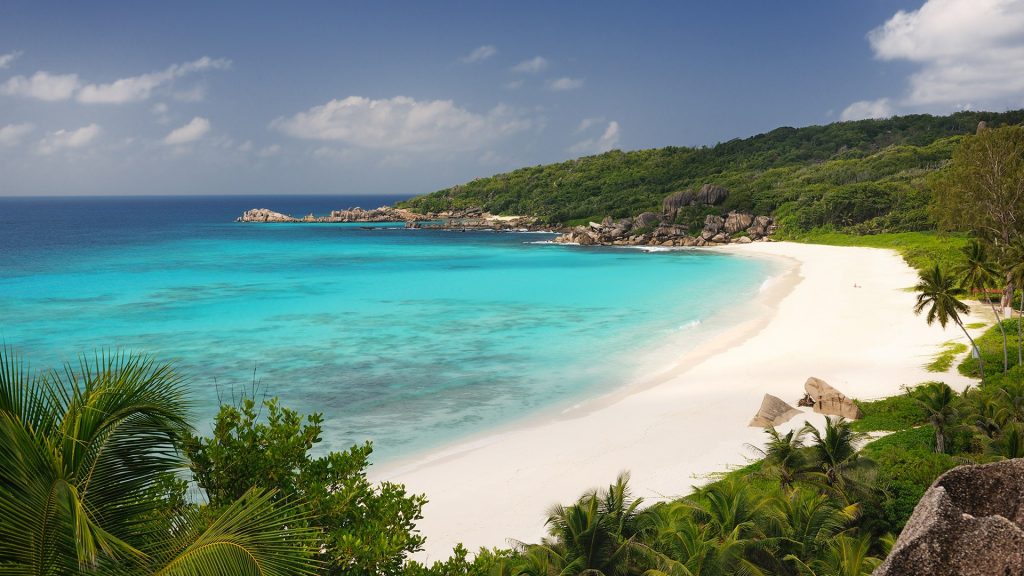 Secluded tropical bay at Grand Anse beach, La Digue Island, Seychelles