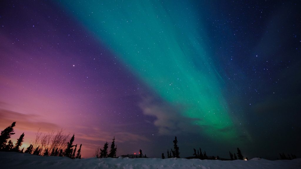 Aurora borealis above Fairbanks, Mt. Aurora, Skiland, Alaska, USA