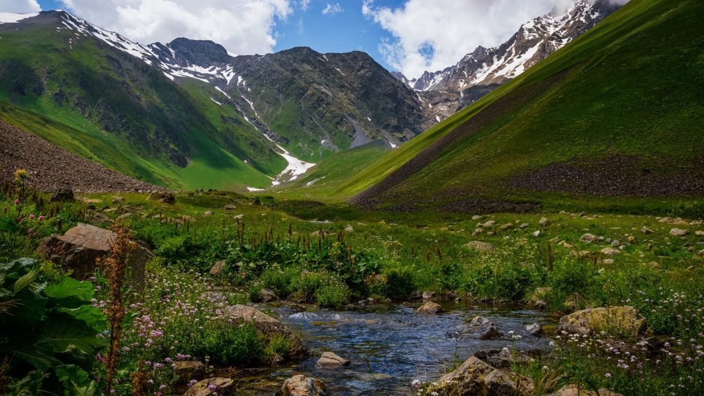 Stream in valley, Adaigom Waterfall, North Ossetia-Alania, Russia