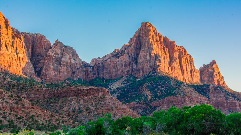 Rocky mountain with green trees in Zion National Park at sunset, Utah, USA