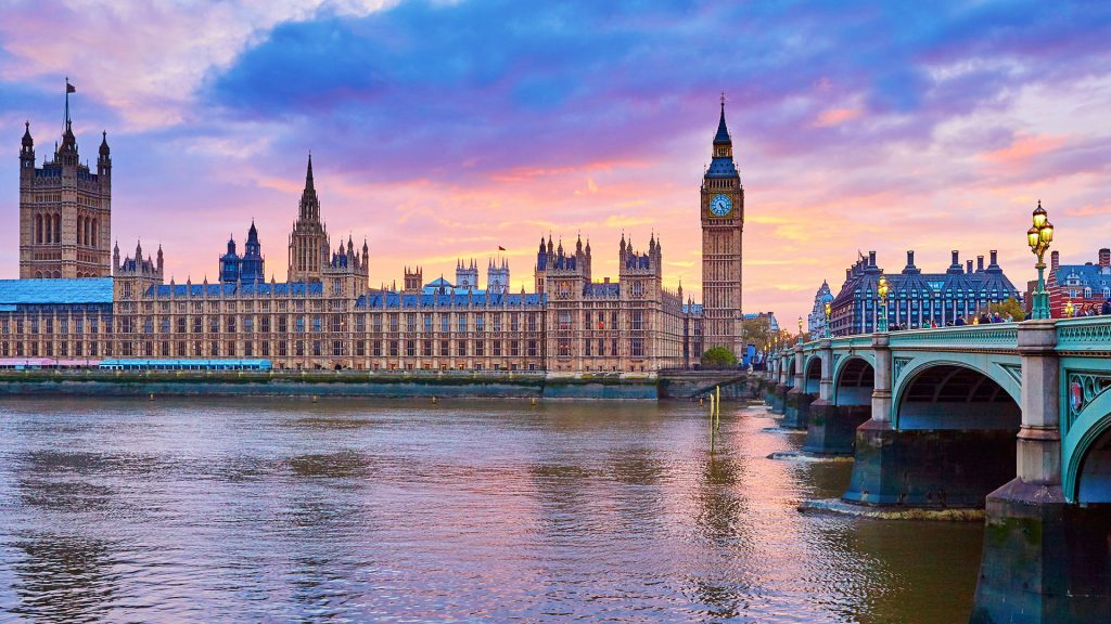 Cityscape of Big Ben and Westminster Bridge with river Thames at sunset, London, England, UK