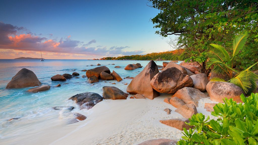 Tropical beach with granite rocks of Anse Lazio, Praslin Island, Seychelles