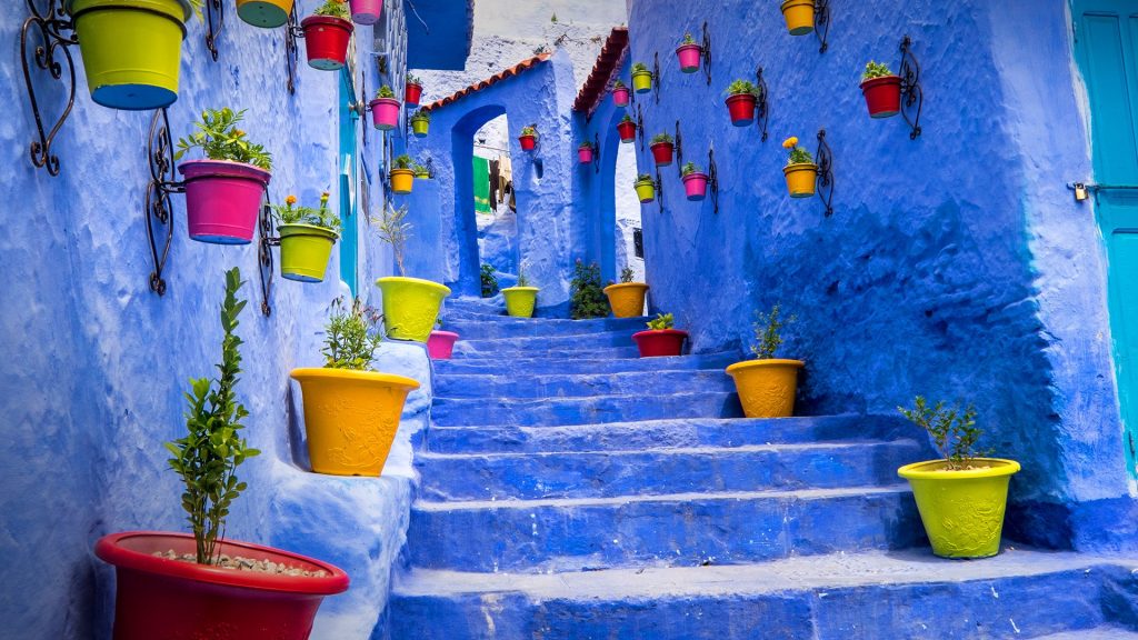 Streets and neighborhoods painted in vivid blue colors, Chefchaouen or Chaouen, Morocco