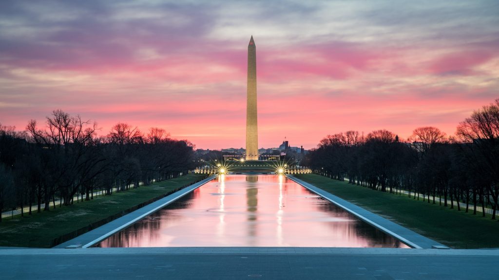 Washington Monument sunrise from Lincoln Memorial steps, USA