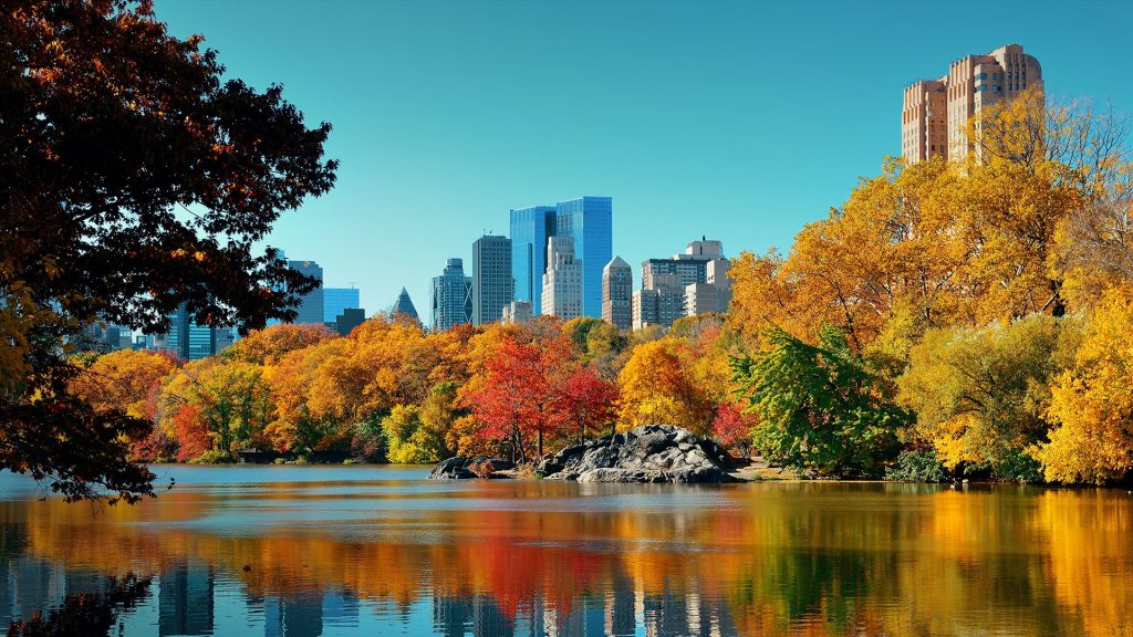 Central Park autumn and buildings reflection in midtown, Manhattan, New York City, USA