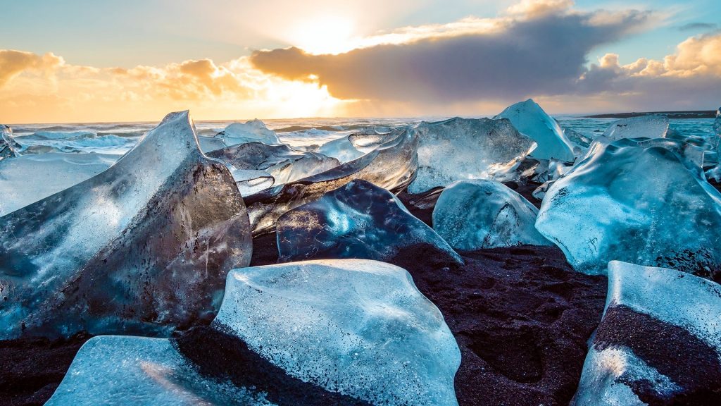 Ice chunks on Jökulsárlón beach by the glacier lagoon, Iceland