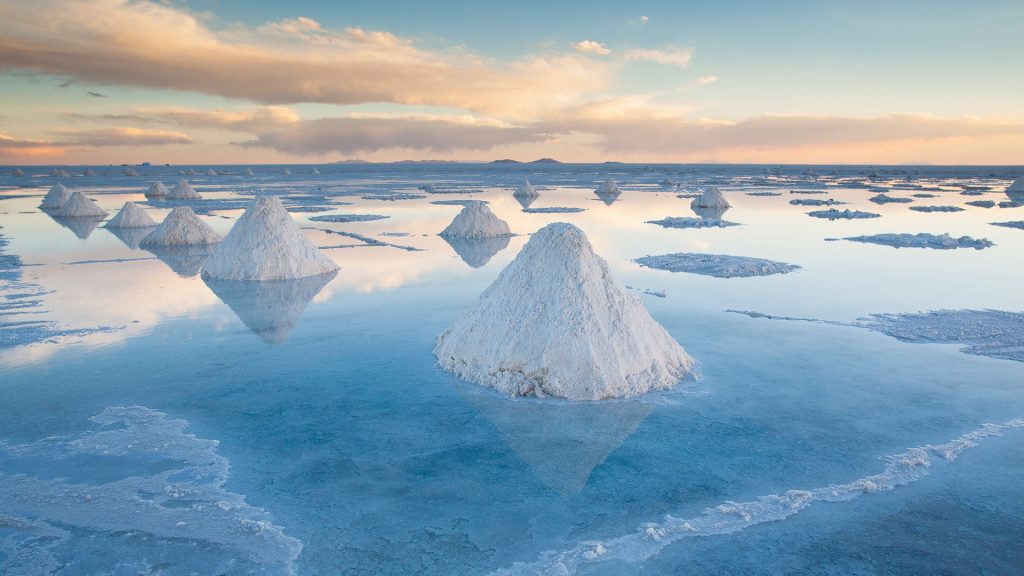 Piles of salt in Salar de Uyuni flats, Bolivia