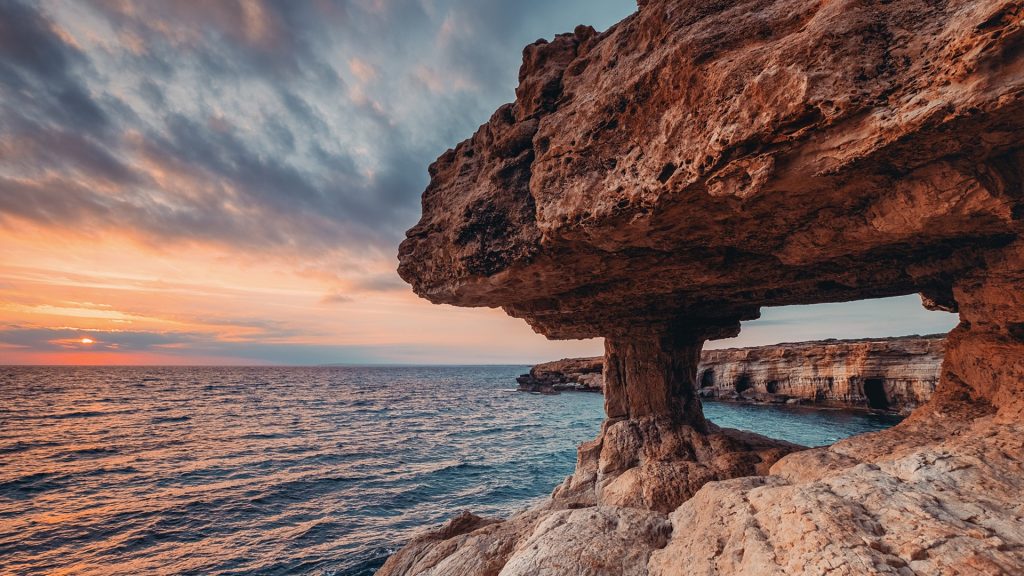 Cape Capo Greco coast caves at sunset, Ayia Napa, Cyprus