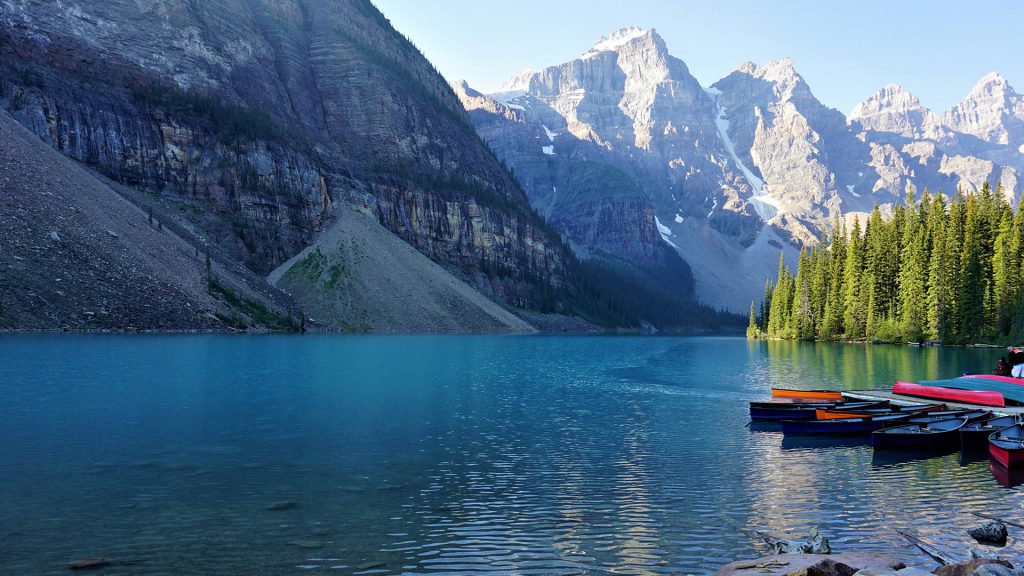 Canoes at Moraine Lake in Banff National Park, Alberta, Canada