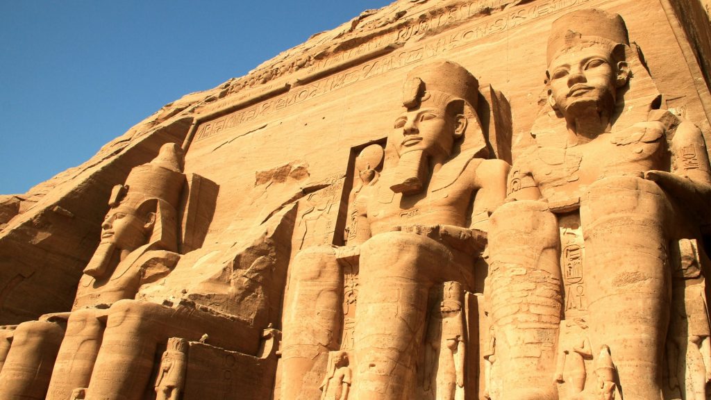 In front of Great Temple of Ramesses II, Abu Simbel temples, Aswan, Nubia, Egypt