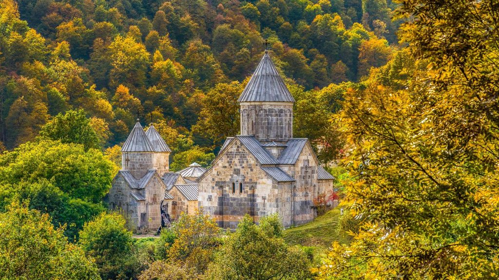 Haghartsin Monastery in a colorful autumn forest, Teghut, Tavush Province, Armenia