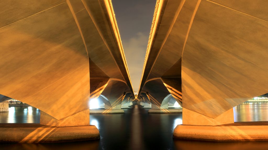 A symmetrical pair of concrete overpasses, Esplanade Bridge, Singapore