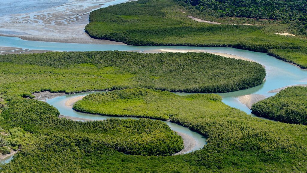 Aerial view of river, Bissagos Archipelago (Bijagos), Guinea-Bissau, UNESCO Biosphere Reserve