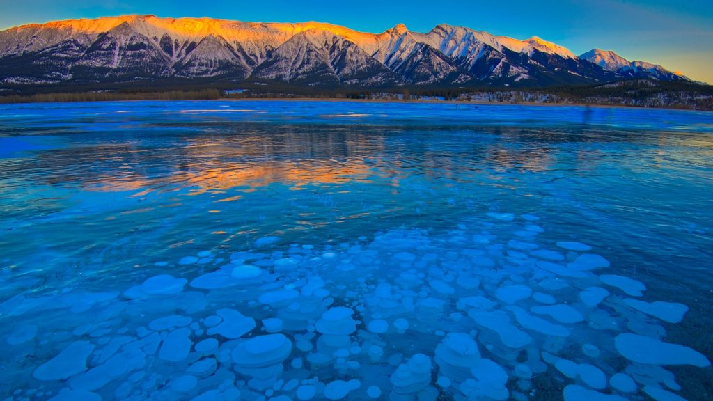 Methane bubbles under frozen Abraham Lake, Alberta, Canada