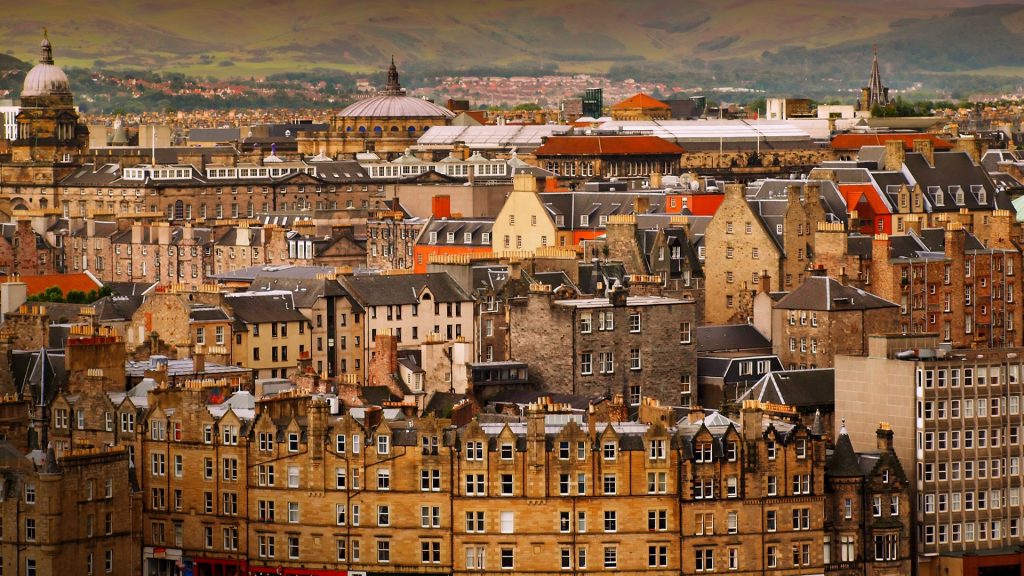 Edinburgh city view with the mountains around, Scotland, UK