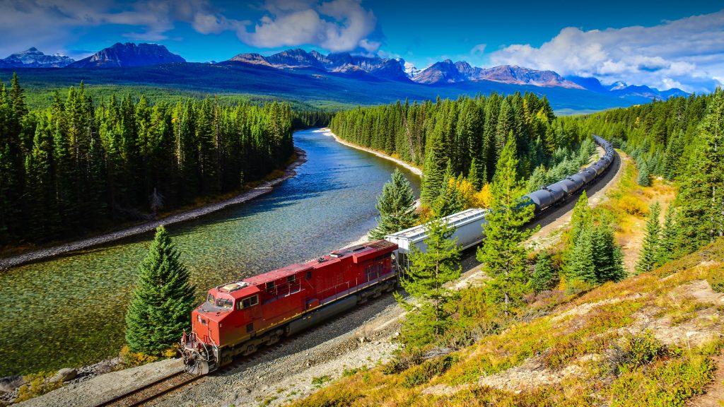 Train passing Morant's curve at Bow Valley Parkway in autumn, Banff National Park, Canada