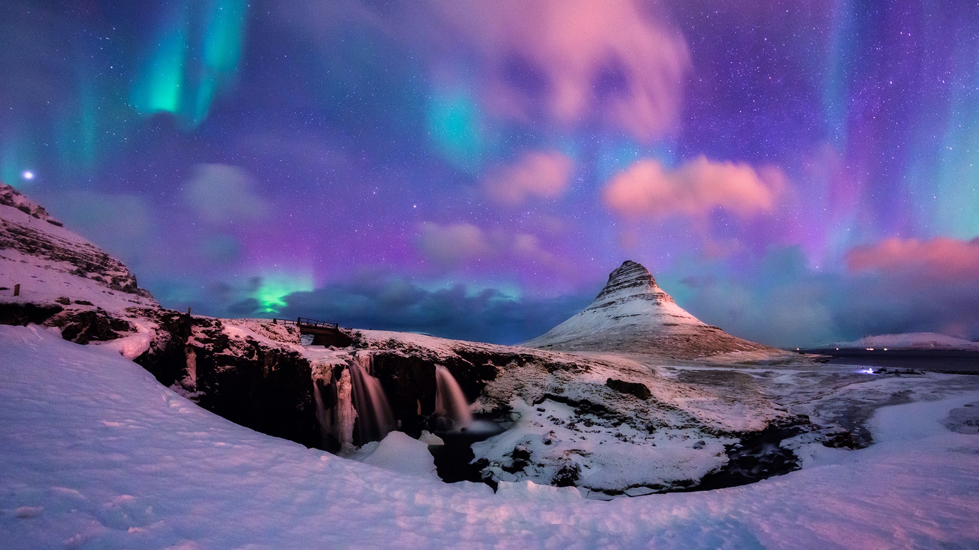 Aurora borealis or northern lights over Kirkjufell Mountain Snæfellsnes peninsula Iceland