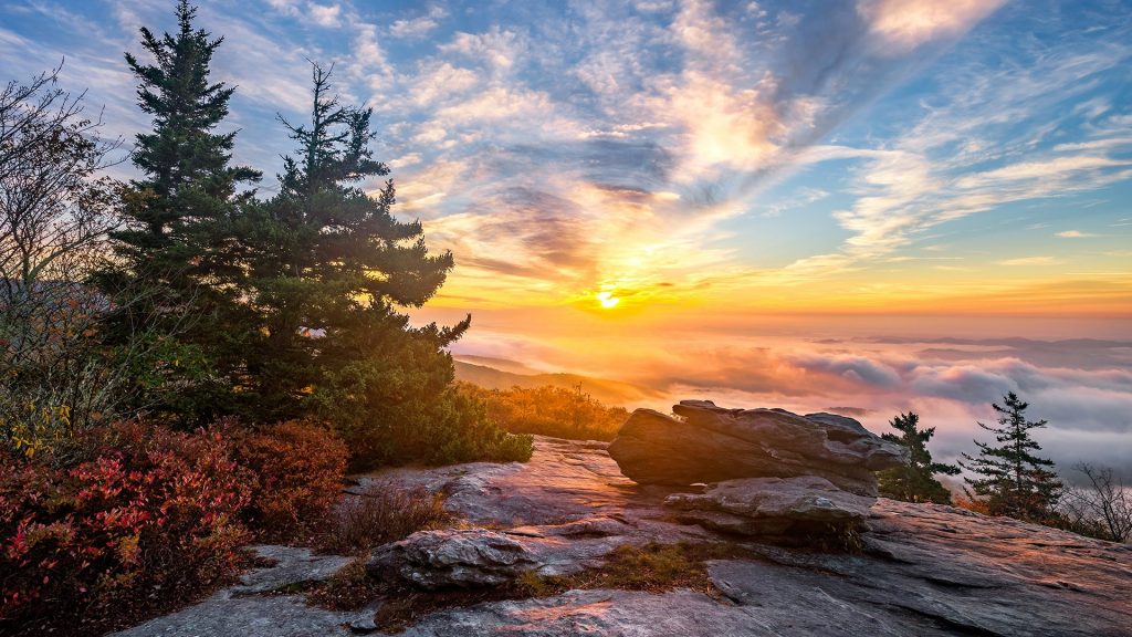 Sunrise over the Blue Ridge Mountains of North Carolina during autumn, USA