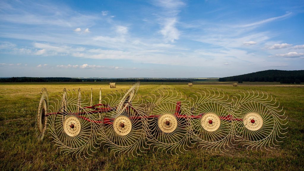 Wheel rake in a rural field