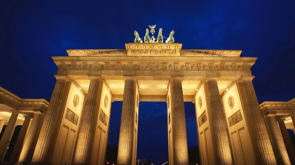 The Brandenburg Gate illumination at night, Berlin, Germany