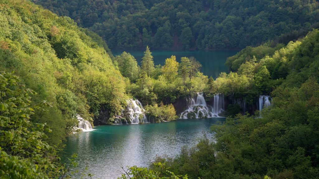 Waterfalls and lakes among lush foliage, Plitvice Lakes National Park, Croatia