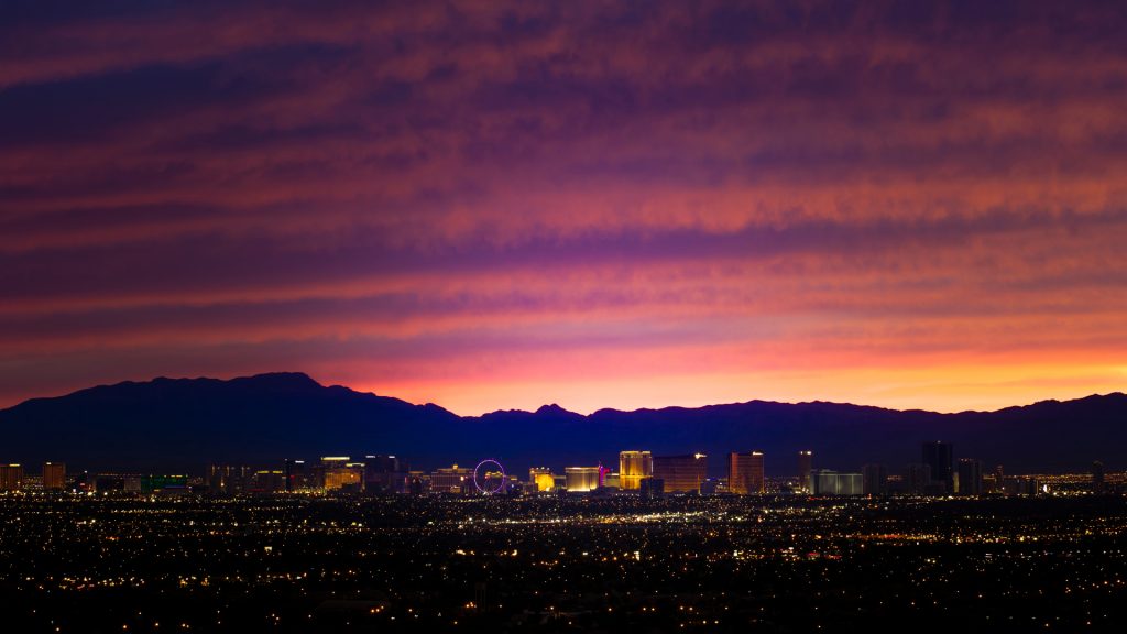 Las Vegas Strip view from a distance during sunset, Nevada, USA