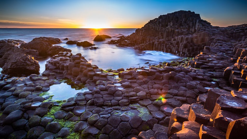 Sun setting over the famous Giants Causeway, County Antrim, Northern Ireland