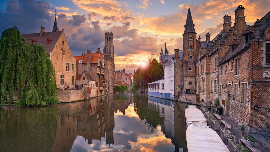 The most photographed location in Bruges during sunset, Belgium