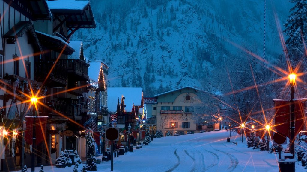Leavenworth with snow and holiday lights, Washington, USA
