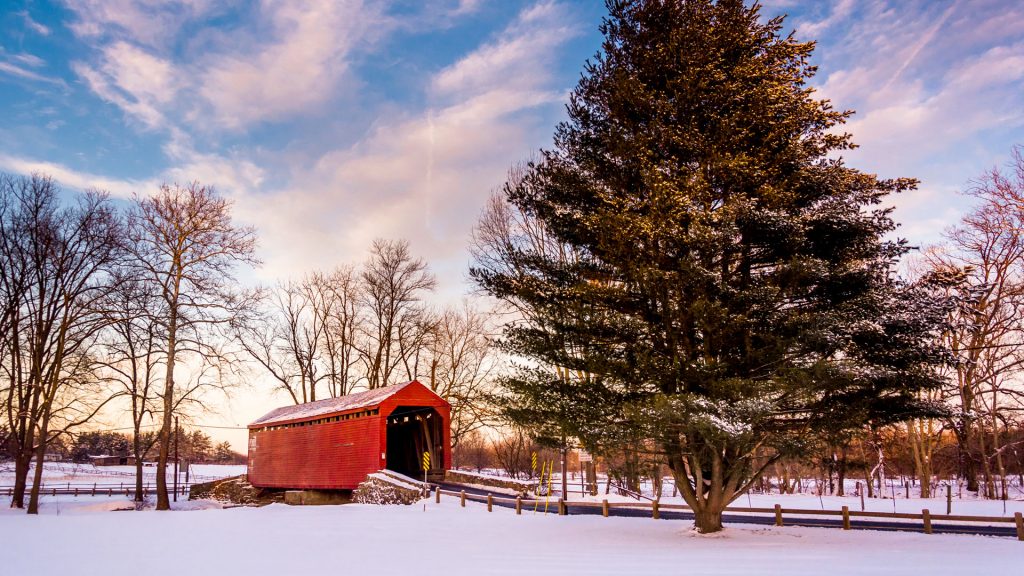 Loy's Station Covered Bridge in winter, Frederick County, Maryland, USA